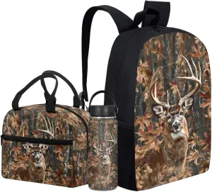 Merkmak Deer Kids Backpack Set for Boy 17 Inch School Bag,Forest Camo Bookbag for 3-5 Years Children Book Bags with Lunch Box Water Bottle 3 Pcs Sets for Child Cool Daypack