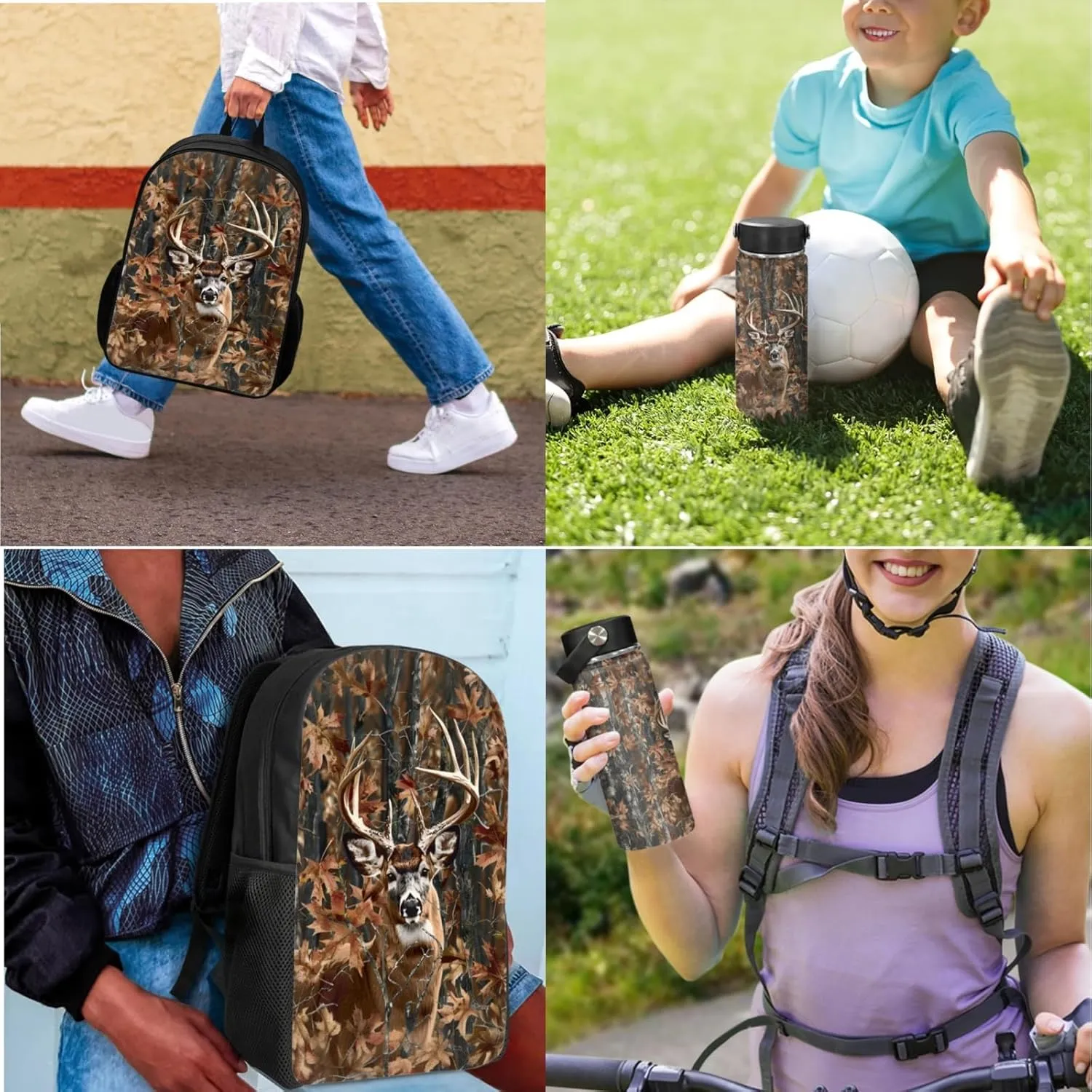 Merkmak Deer Kids Backpack Set for Boy 17 Inch School Bag,Forest Camo Bookbag for 3-5 Years Children Book Bags with Lunch Box Water Bottle 3 Pcs Sets for Child Cool Daypack