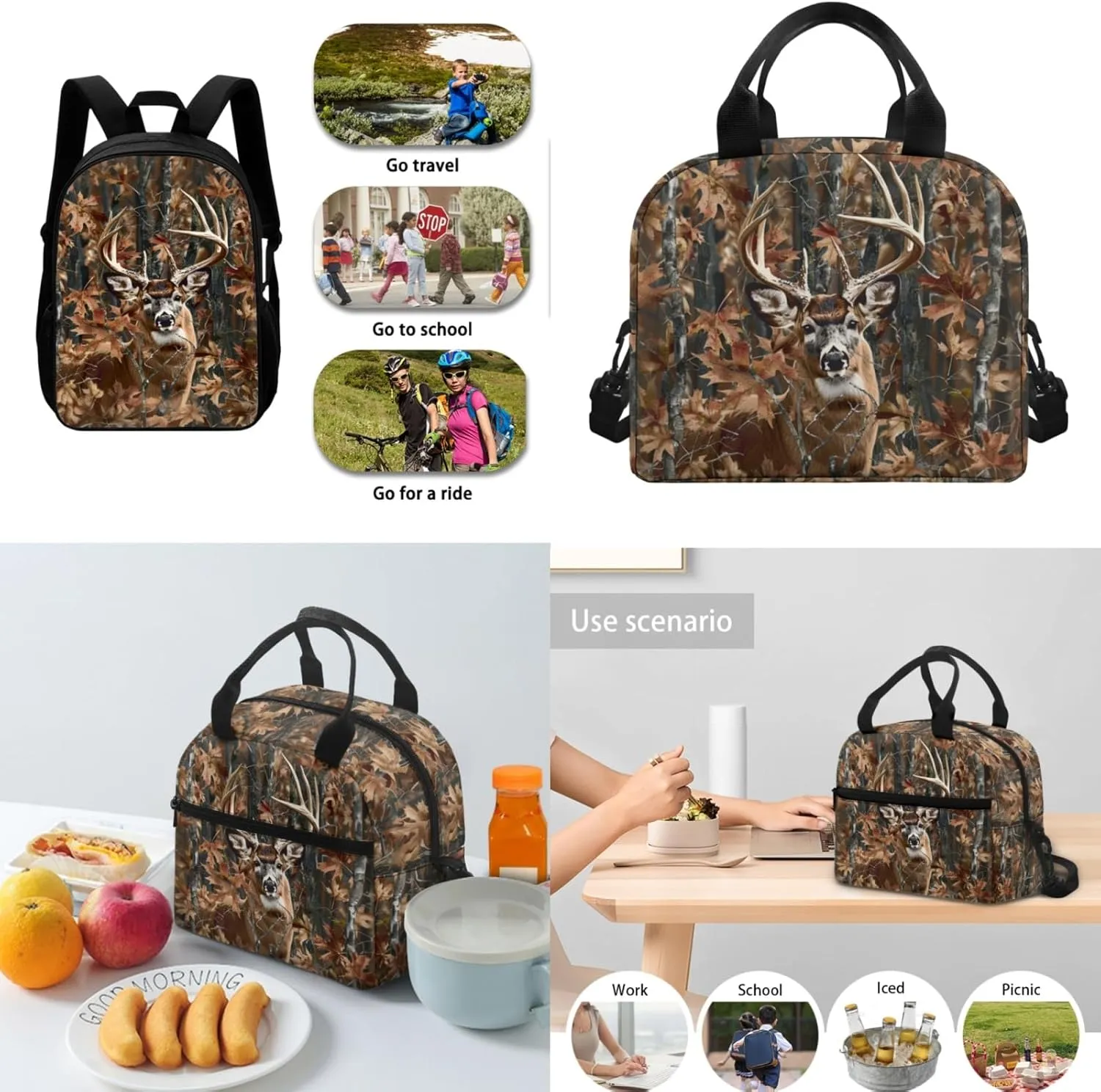 Merkmak Deer Kids Backpack Set for Boy 17 Inch School Bag,Forest Camo Bookbag for 3-5 Years Children Book Bags with Lunch Box Water Bottle 3 Pcs Sets for Child Cool Daypack