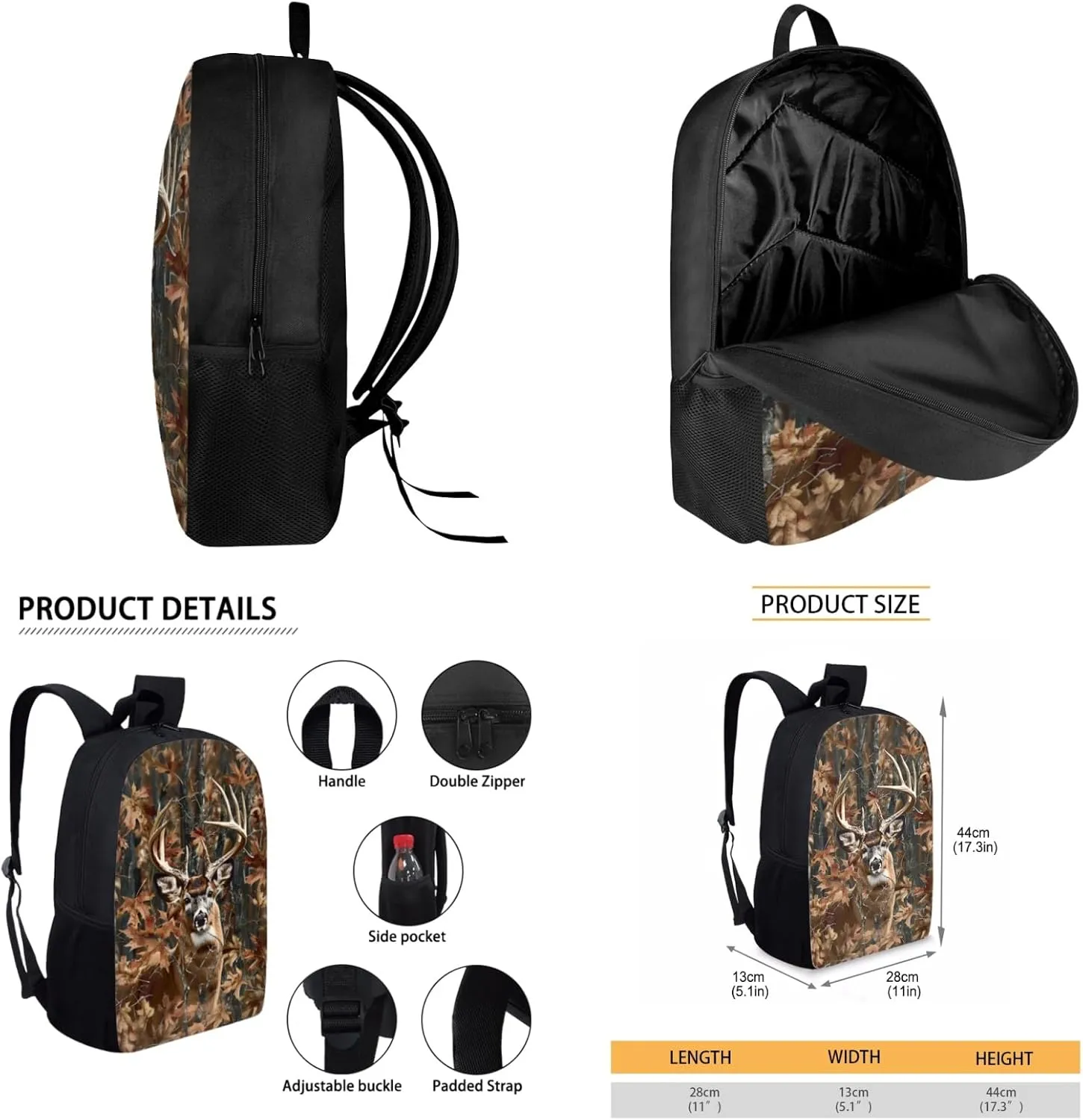 Merkmak Deer Kids Backpack Set for Boy 17 Inch School Bag,Forest Camo Bookbag for 3-5 Years Children Book Bags with Lunch Box Water Bottle 3 Pcs Sets for Child Cool Daypack
