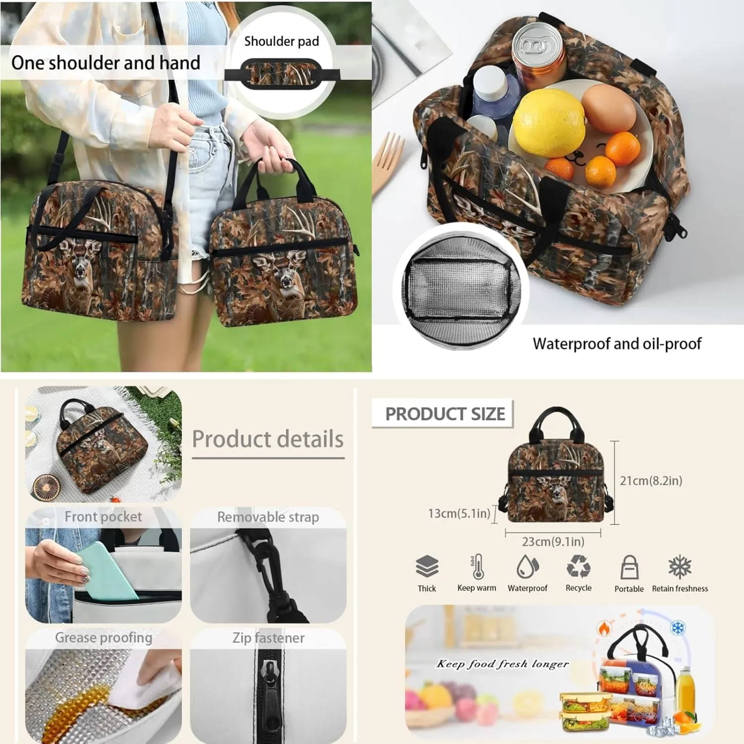 Merkmak Deer Kids Backpack Set for Boy 17 Inch School Bag,Forest Camo Bookbag for 3-5 Years Children Book Bags with Lunch Box Water Bottle 3 Pcs Sets for Child Cool Daypack