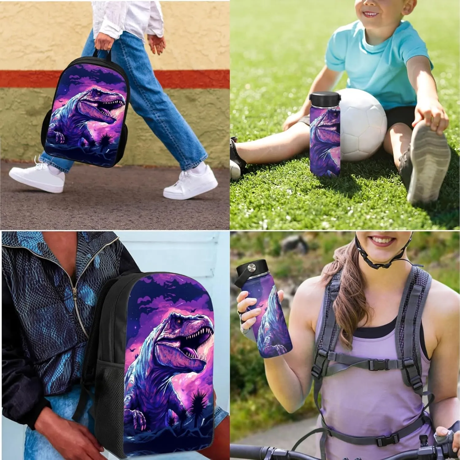 Merkmak Dinosaur Boys Backpack 3 Pcs Set for Elementary Kids 17 Inch Bookbag with Lunch Box and Water Bottle for 4-9 Years Children Lightweight School Bag for Camping Traveling