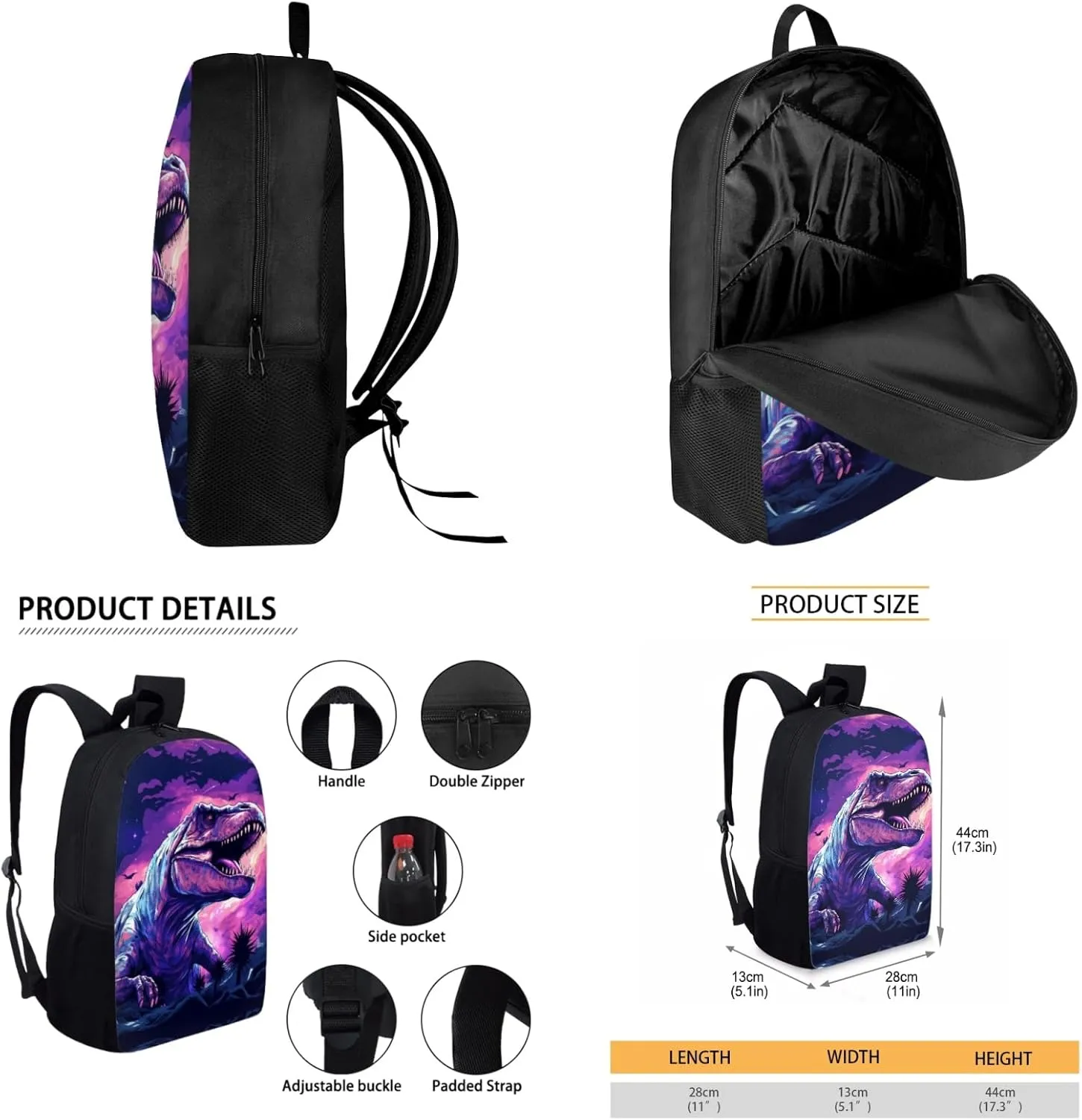 Merkmak Dinosaur Boys Backpack 3 Pcs Set for Elementary Kids 17 Inch Bookbag with Lunch Box and Water Bottle for 4-9 Years Children Lightweight School Bag for Camping Traveling