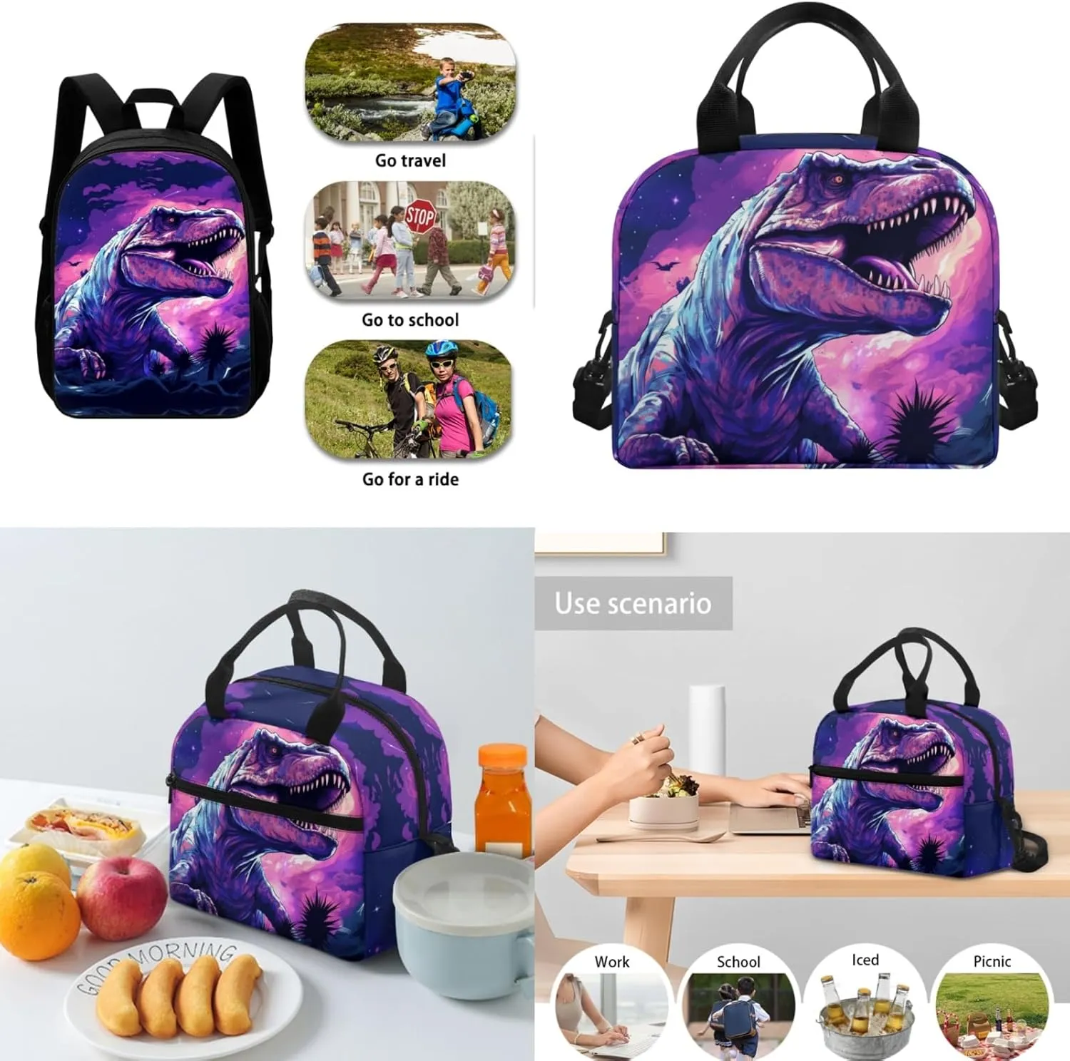 Merkmak Dinosaur Boys Backpack 3 Pcs Set for Elementary Kids 17 Inch Bookbag with Lunch Box and Water Bottle for 4-9 Years Children Lightweight School Bag for Camping Traveling