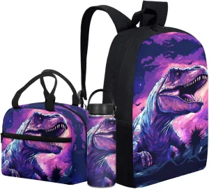 Merkmak Dinosaur Boys Backpack 3 Pcs Set for Elementary Kids 17 Inch Bookbag with Lunch Box and Water Bottle for 4-9 Years Children Lightweight School Bag for Camping Traveling