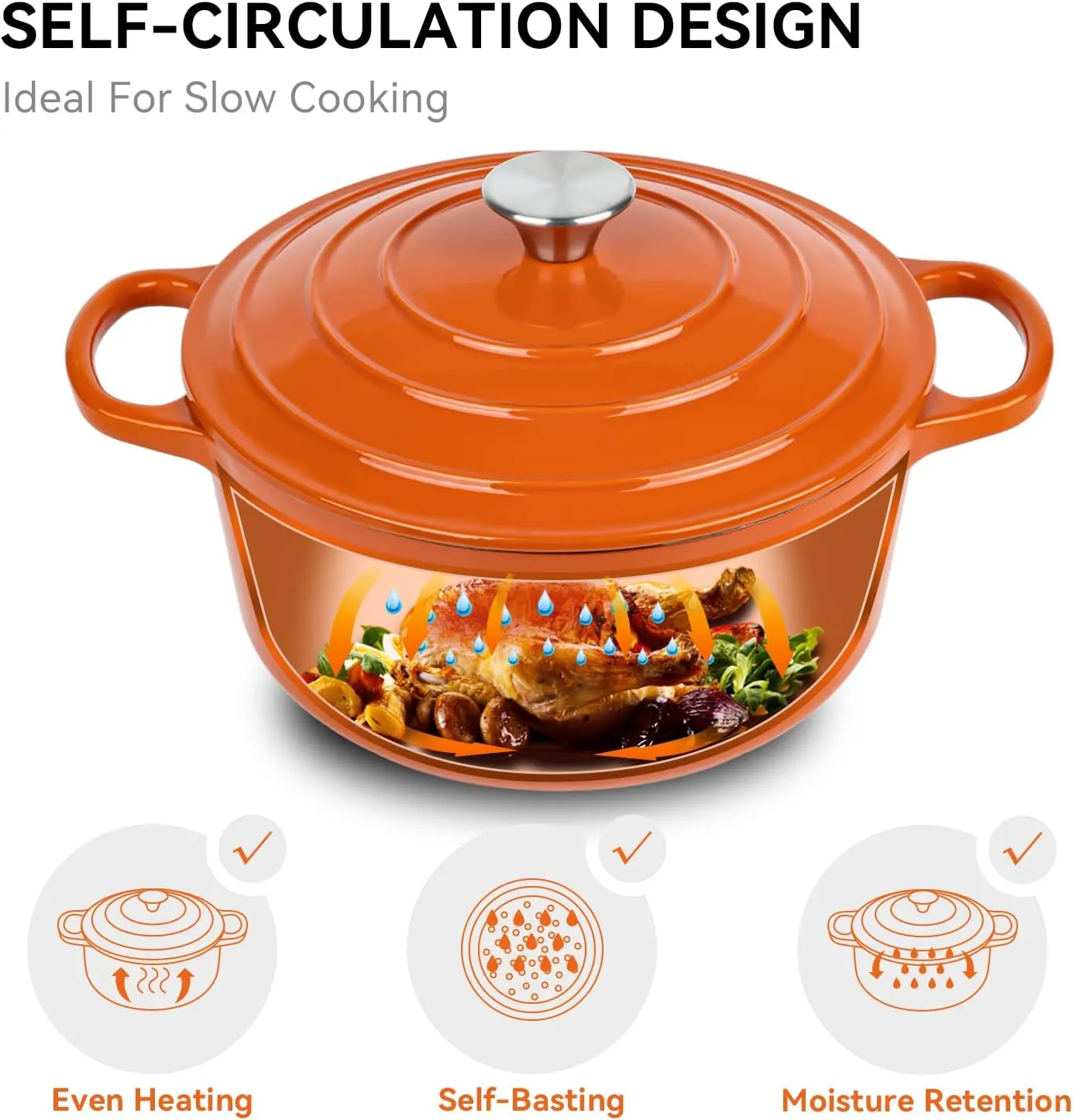 Miereirl 6 Quart Enameled Dutch Oven Pot with Lid, Cast Iron Dutch Oven with Dual Handles for Bread Baking, Cooking, Non-stick Enamel Coated Cookware (Orange)