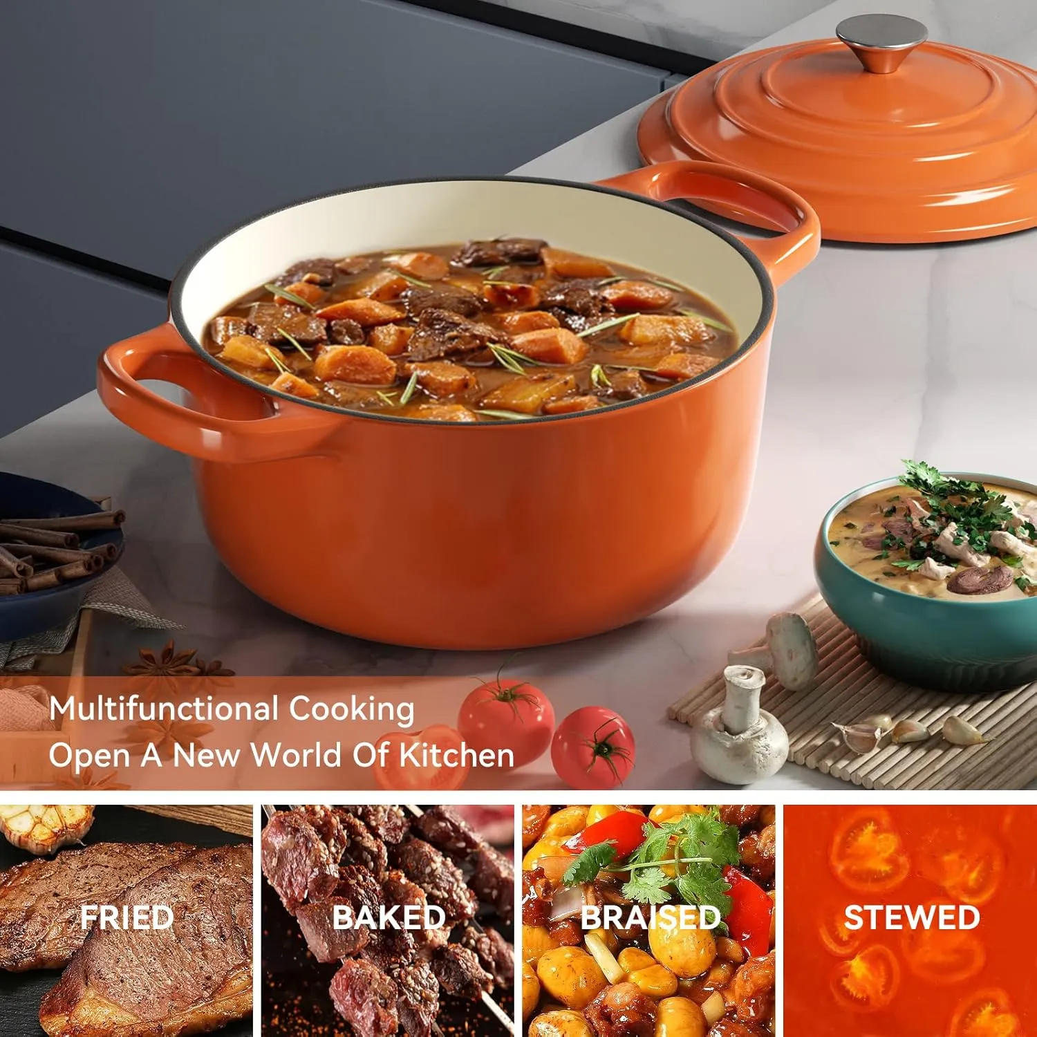 Miereirl 6 Quart Enameled Dutch Oven Pot with Lid, Cast Iron Dutch Oven with Dual Handles for Bread Baking, Cooking, Non-stick Enamel Coated Cookware (Orange)