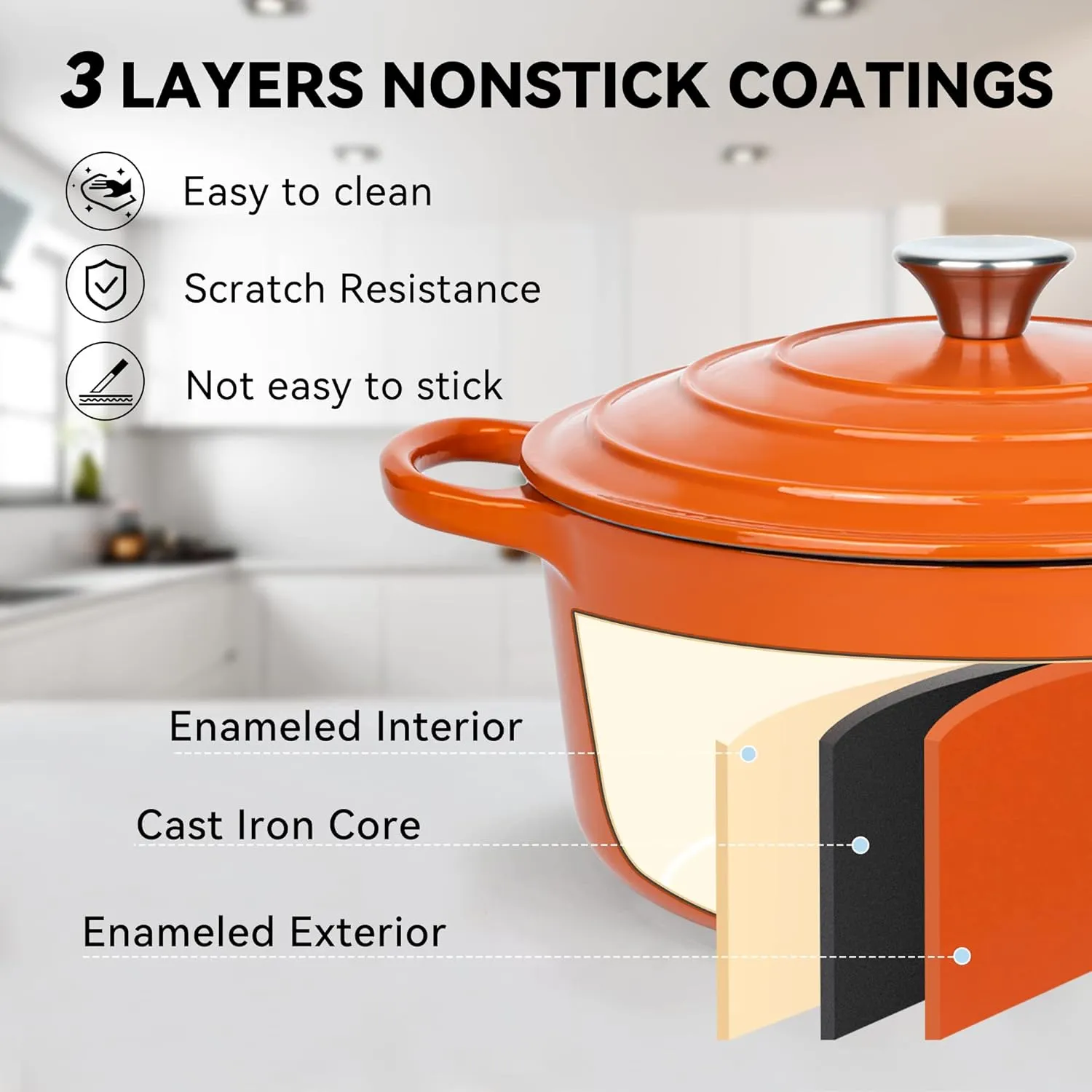 Miereirl 6 Quart Enameled Dutch Oven Pot with Lid, Cast Iron Dutch Oven with Dual Handles for Bread Baking, Cooking, Non-stick Enamel Coated Cookware (Orange)