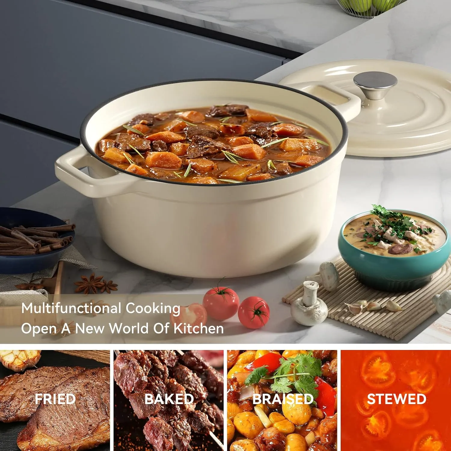 Miereirl 6.5 Quart Enameled Dutch Oven Pot with Lid, Cast Iron Dutch Oven with Dual Handles for Bread Baking, Cooking, Non-stick Enamel Coated Cookware (Beige)