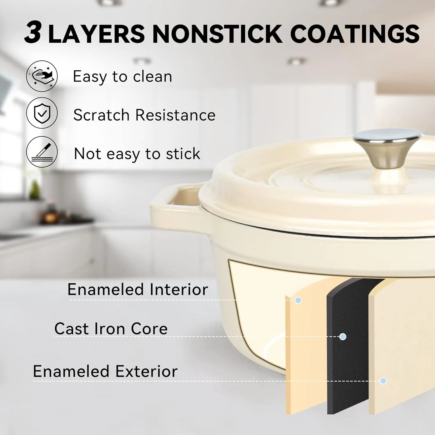 Miereirl 6.5 Quart Enameled Dutch Oven Pot with Lid, Cast Iron Dutch Oven with Dual Handles for Bread Baking, Cooking, Non-stick Enamel Coated Cookware (Beige)