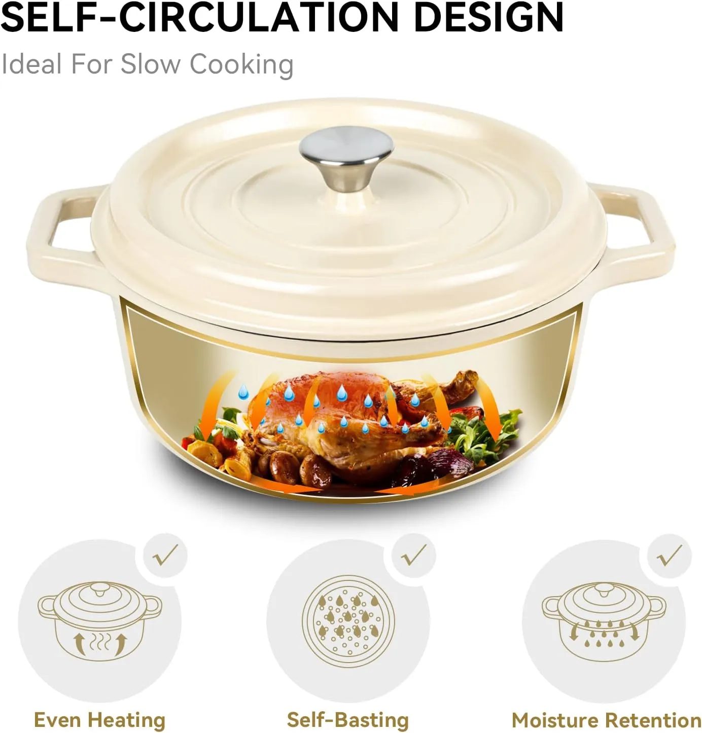 Miereirl 6.5 Quart Enameled Dutch Oven Pot with Lid, Cast Iron Dutch Oven with Dual Handles for Bread Baking, Cooking, Non-stick Enamel Coated Cookware (Beige)