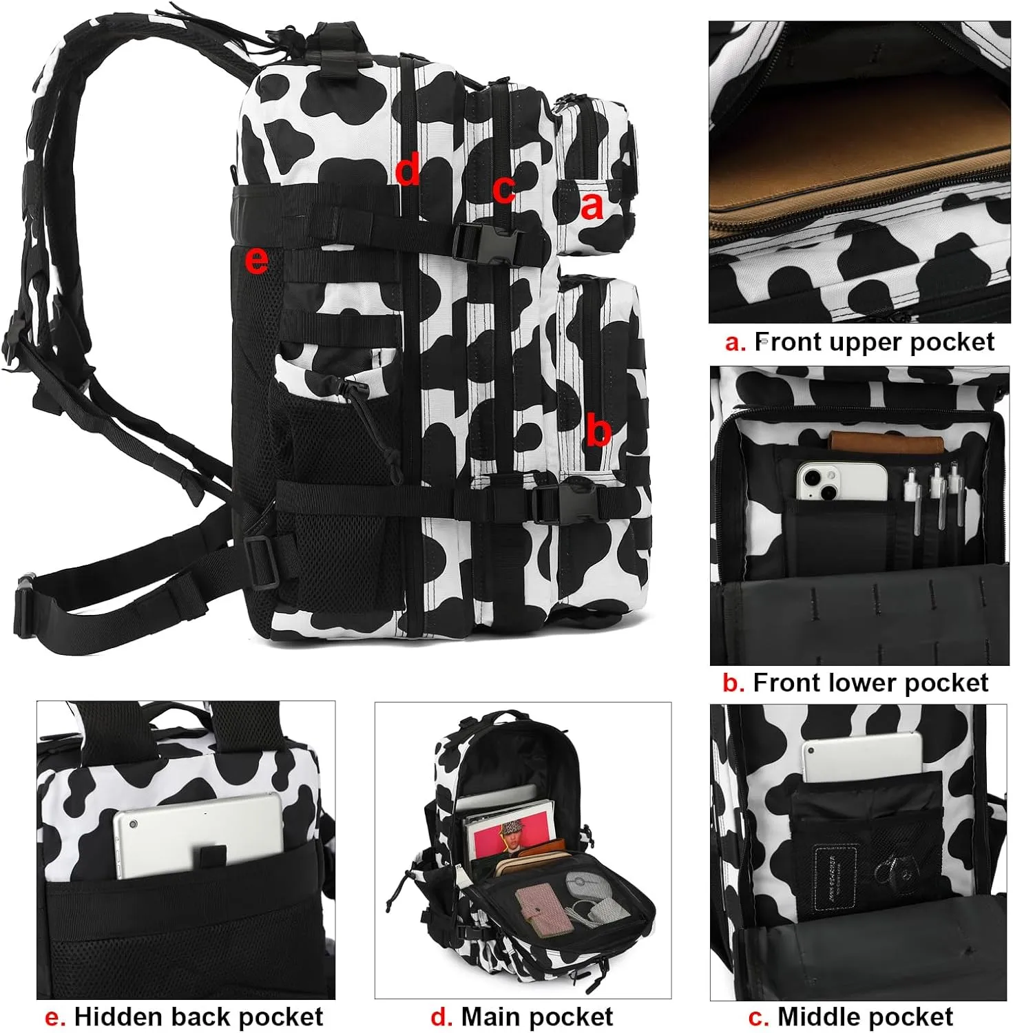 Military Tactical Backpack for Men Women, 3 Day Assault Pack Army Molle Bag Hiking Backpacks (Cow Print)