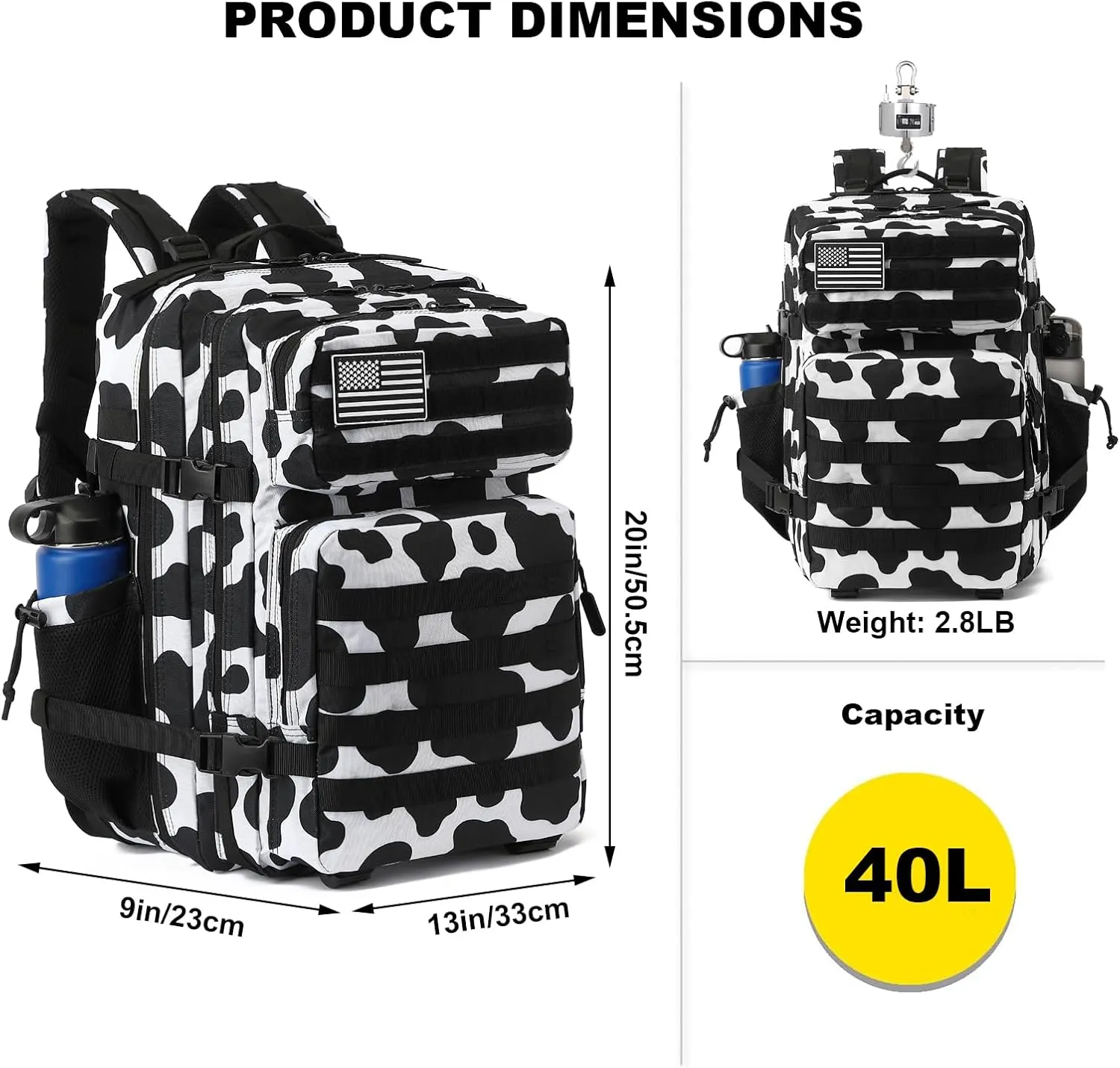 Military Tactical Backpack for Men Women, 3 Day Assault Pack Army Molle Bag Hiking Backpacks (Cow Print)