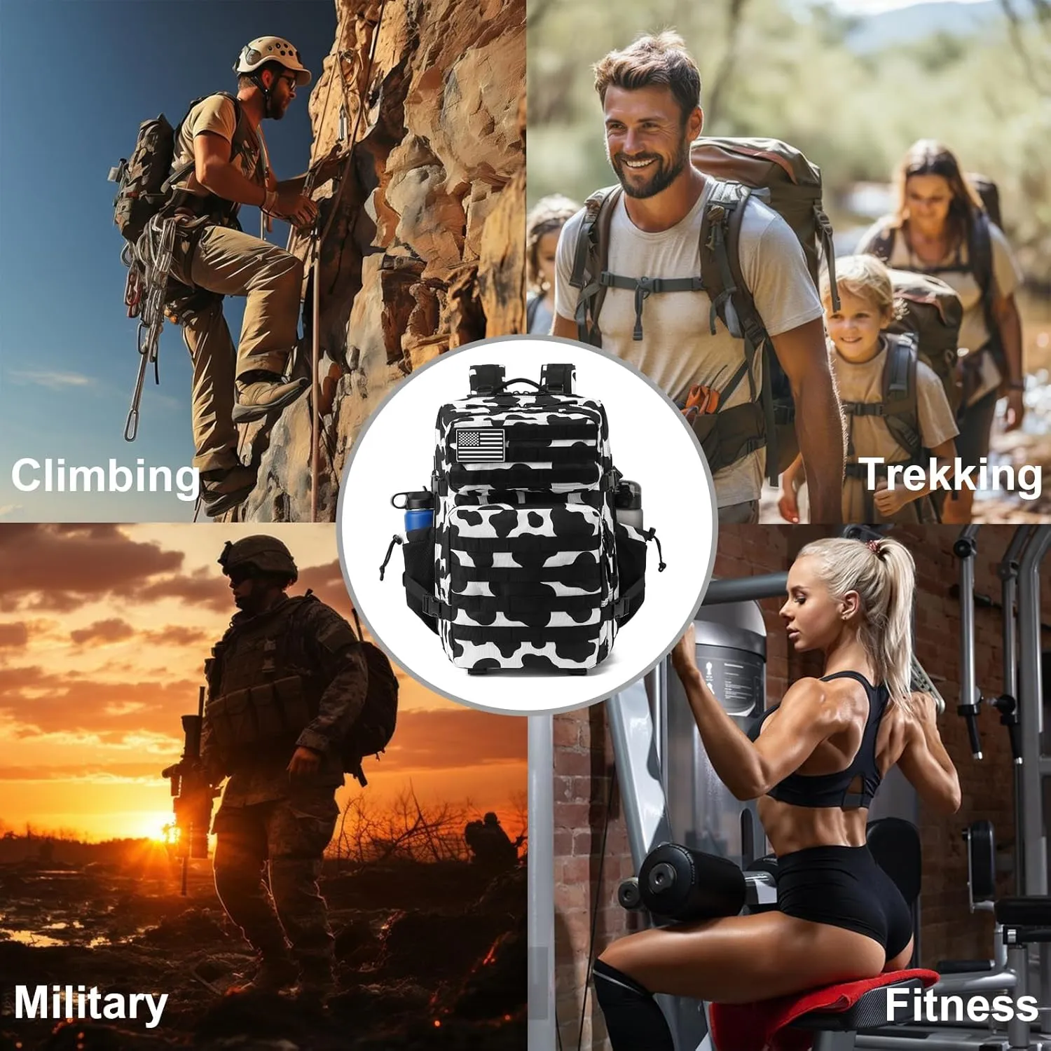 Military Tactical Backpack for Men Women, 3 Day Assault Pack Army Molle Bag Hiking Backpacks (Cow Print)