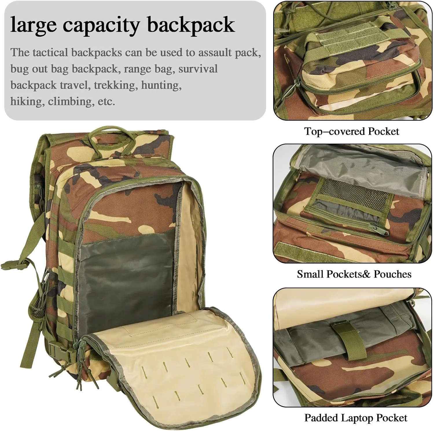 Military Tactical Hiking Backpacks for Men, Survival Army Camo Rucksack for Camping Trekking