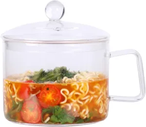 Mini Sized Glass Bowl with Lid and Handle, 44 FL OZ/1.4L for Noodles, Pasta, Soup, Cereals, Fruits, BPA Free, Microwave Dishwasher Oven