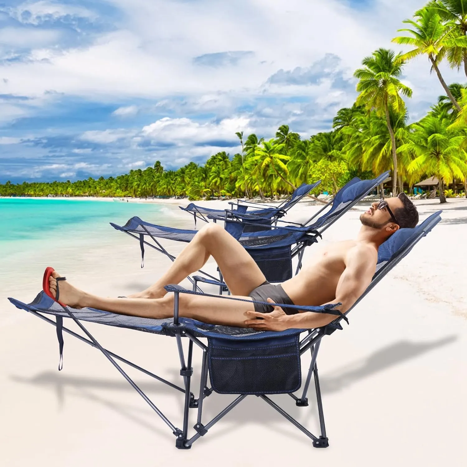 Moclever Folding Camping Chair with Detachable Footrest, 330lbs Capacity Portable Lounge Chair with Mesh Back, Cup Holder,Headrest & Carry Bag for Camping, Fishing,Beach,and Outdoor Activities(Blue)