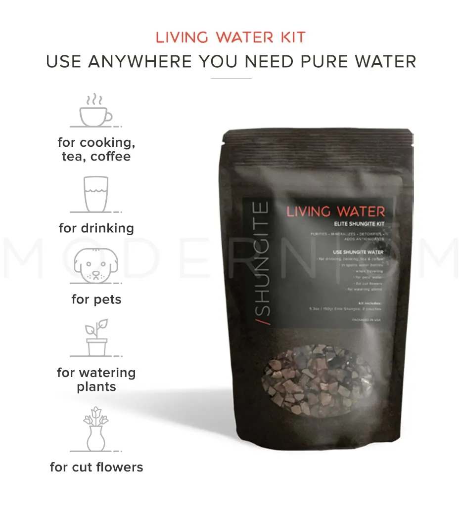 Modern ŌM Shungite Living Water Kit | Ready to Use Elite Shungite Stone Gravel Pouch Kit for Water Purification, Neutralizer, Contains Antioxidants (50g)