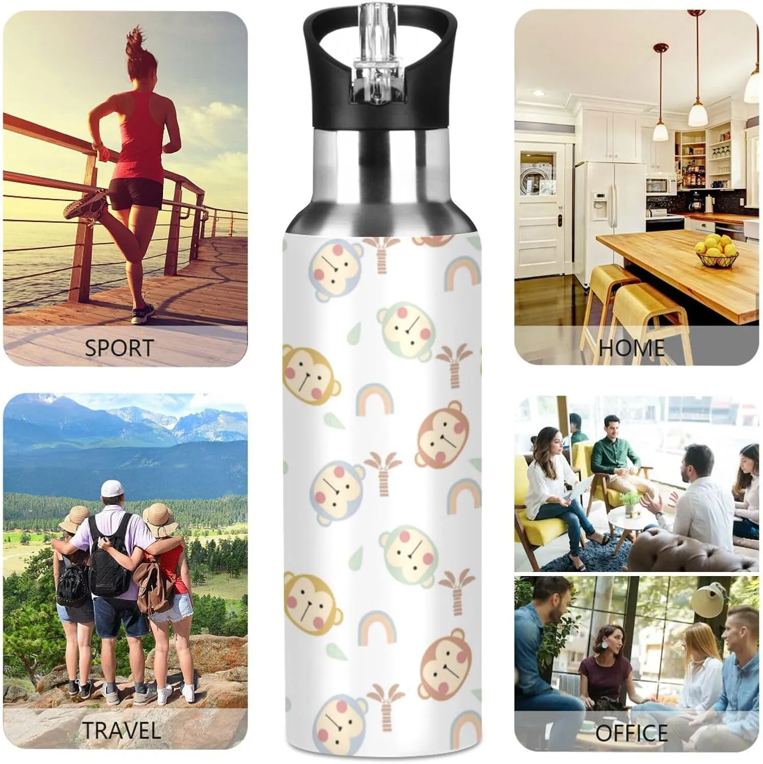 Monkey Cartoon Water Bottle with Straw Lid Double Wall Rainbow Thermos Bottle Vacuum Insulated Flask Stainless Steel Water Bottle for Gym Outdoor 20 OZ