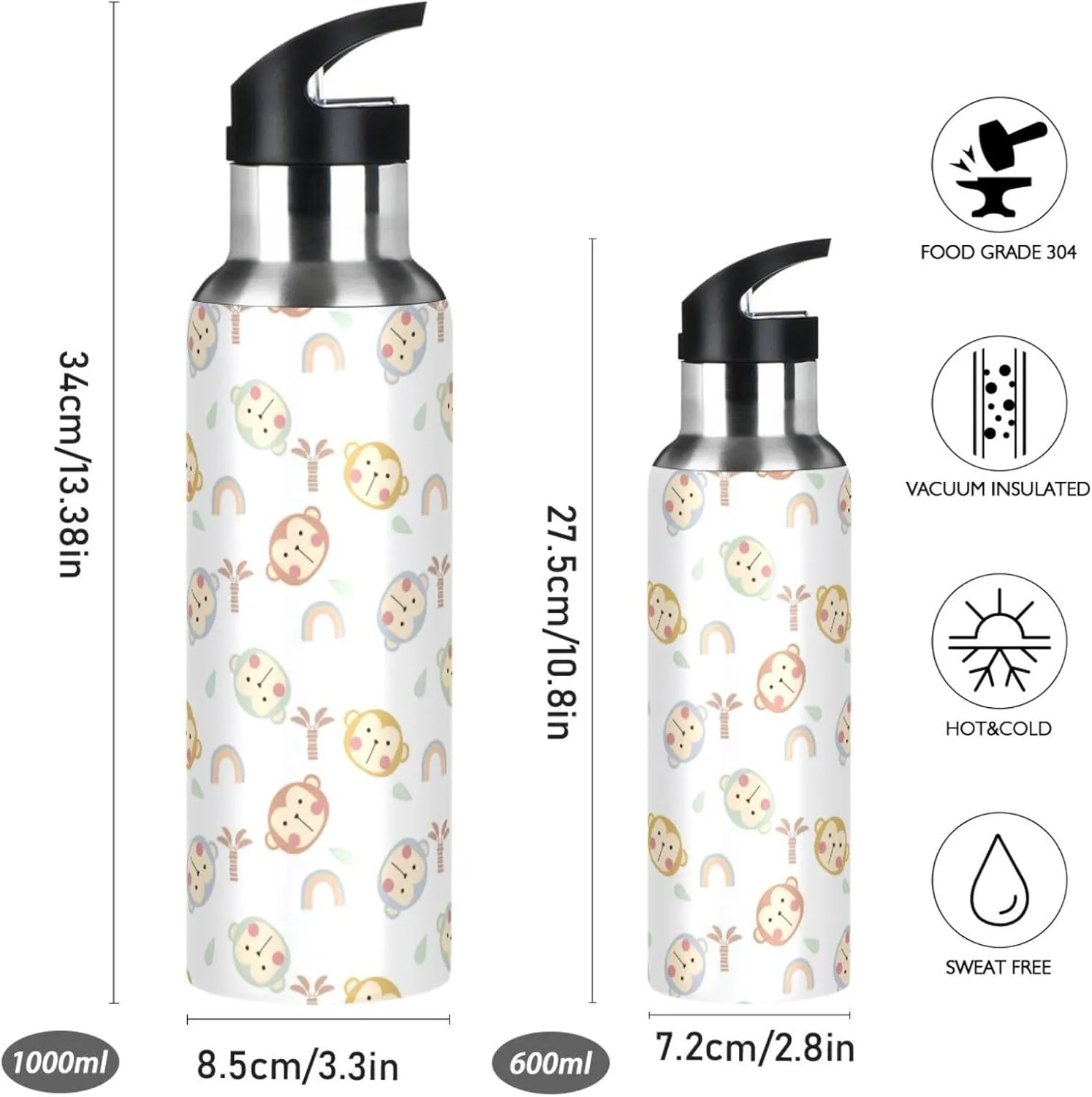Monkey Cartoon Water Bottle with Straw Lid Double Wall Rainbow Thermos Bottle Vacuum Insulated Flask Stainless Steel Water Bottle for Gym Outdoor 20 OZ