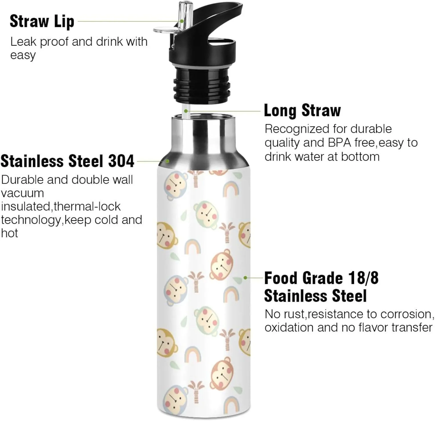 Monkey Cartoon Water Bottle with Straw Lid Double Wall Rainbow Thermos Bottle Vacuum Insulated Flask Stainless Steel Water Bottle for Gym Outdoor 20 OZ