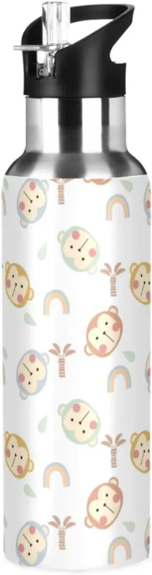 Monkey Cartoon Water Bottle with Straw Lid Double Wall Rainbow Thermos Bottle Vacuum Insulated Flask Stainless Steel Water Bottle for Gym Outdoor 20 OZ