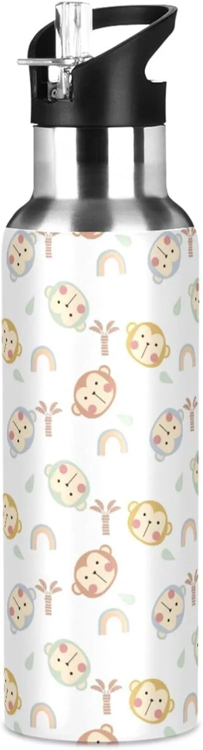 Monkey Cartoon Water Bottle with Straw Lid Double Wall Rainbow Thermos Bottle Vacuum Insulated Flask Stainless Steel Water Bottle for Gym Outdoor 20 OZ