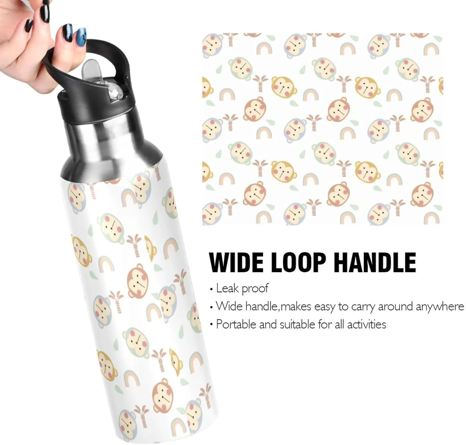 Monkey Cartoon Water Bottle with Straw Lid Double Wall Rainbow Thermos Bottle Vacuum Insulated Flask Stainless Steel Water Bottle for Gym Outdoor 20 OZ