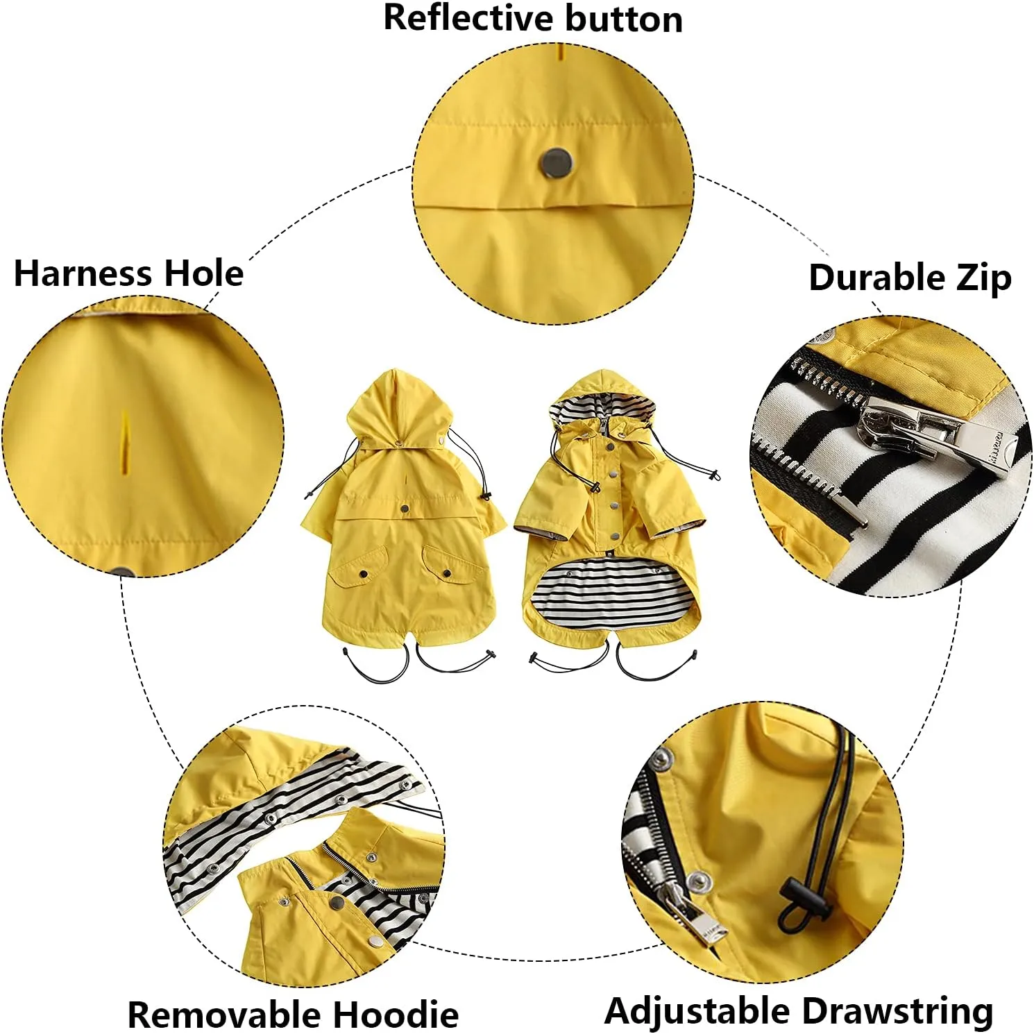 Morezi Dog Zip Up Raincoat with Reflective Buttons, Rain/Water Resistant, Adjustable Drawstring, Removable Hood, Raincoats with Legs 8lbs to 80lbs Available - Yellow - L