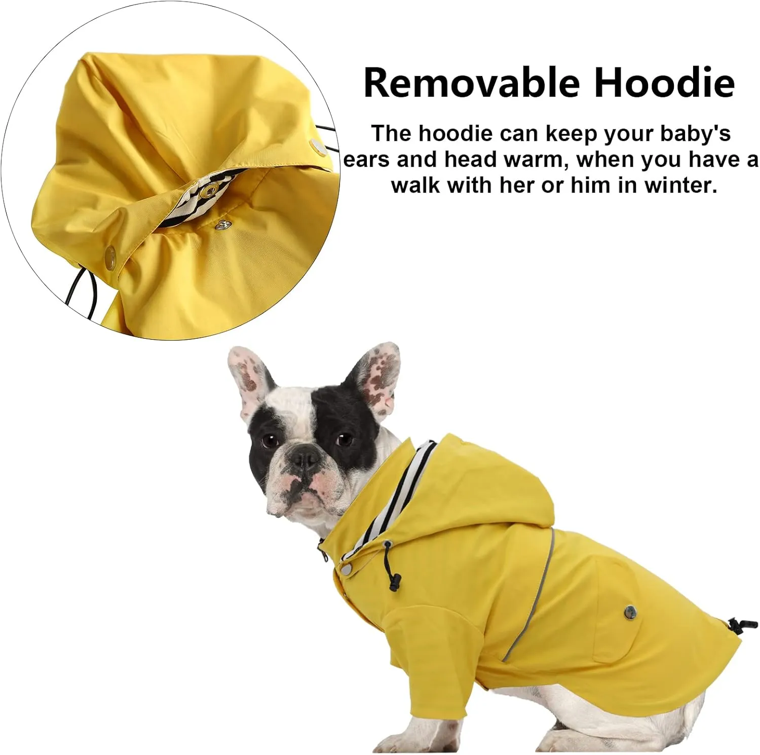 Morezi Dog Zip Up Raincoat with Reflective Buttons, Rain/Water Resistant, Adjustable Drawstring, Removable Hood, Raincoats with Legs 8lbs to 80lbs Available - Yellow - L