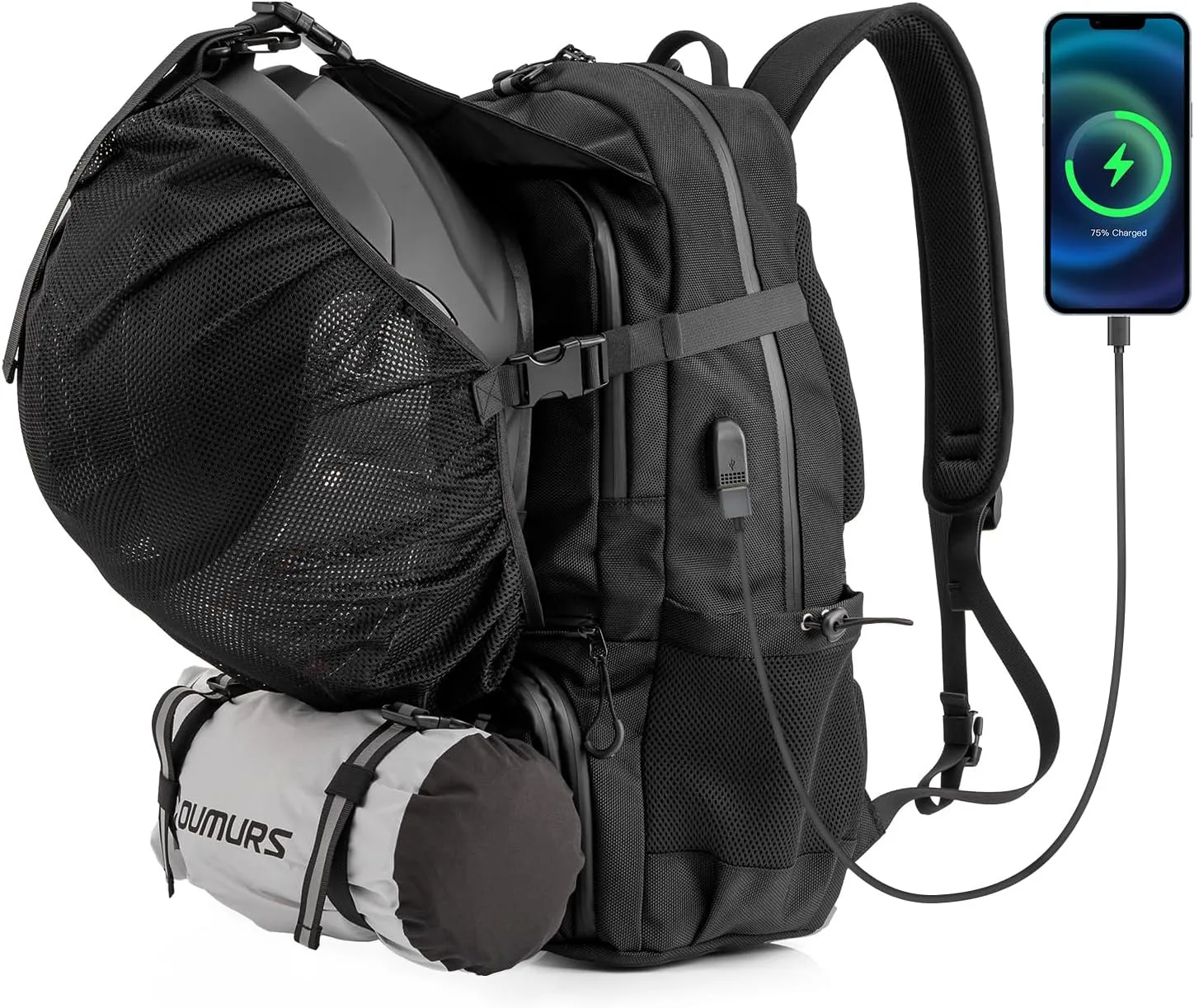 Motorcycle Backpack 50L, Waterproof 1680D Oxford Fabric, Expandable, Motorbike Helmet Bag, Reflective, Helmet Strap, USB, Large Capacity, Laptop Rucksack, Long Distance Travel Backpack, Black