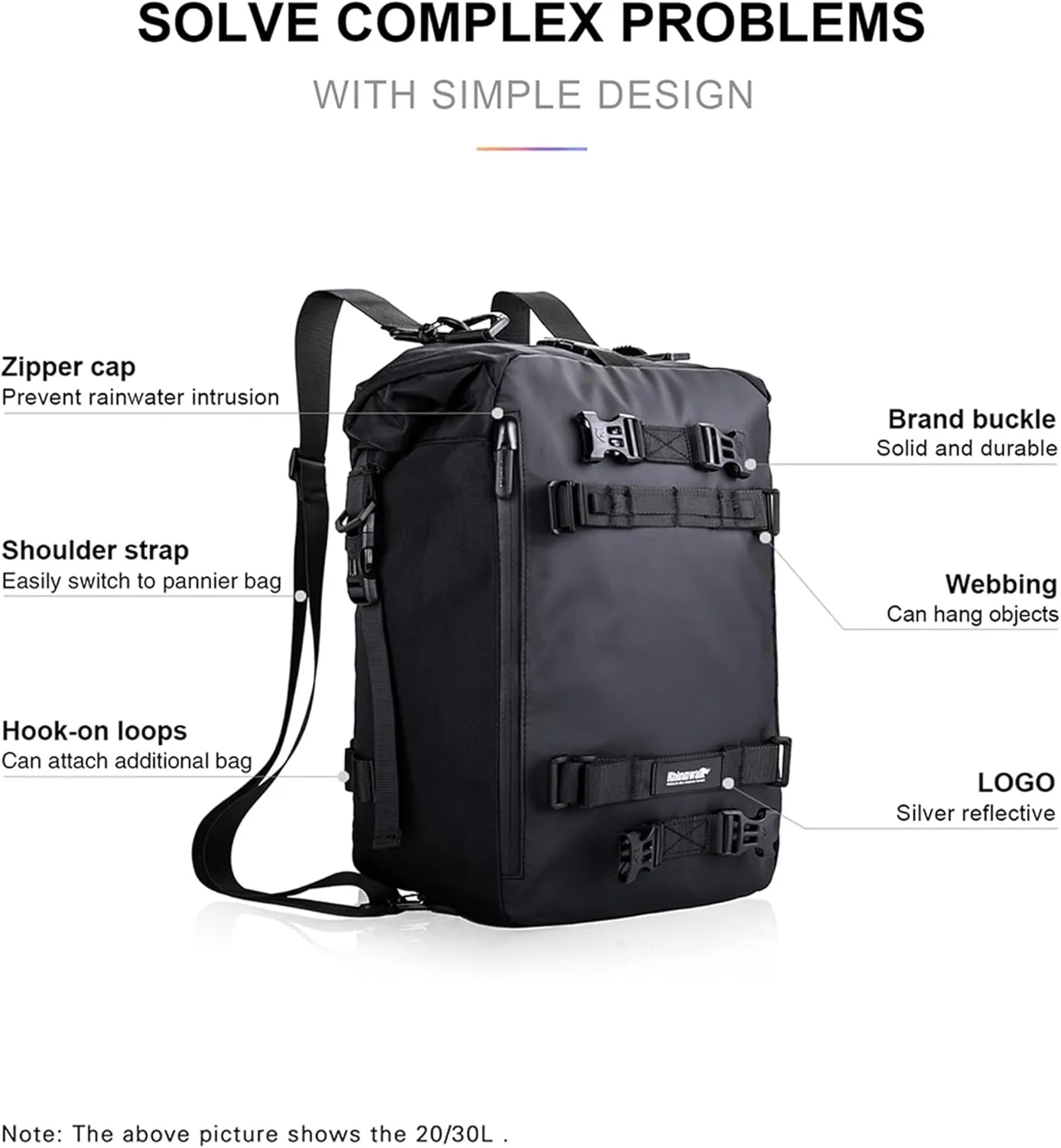 Motorcycle Luggage Bag Rhinowalk Waterproof Tail Bag,Motorcycle Rear Seat Bag,Motorbike backpack,Rhinowalk Side Bag,Black 20L