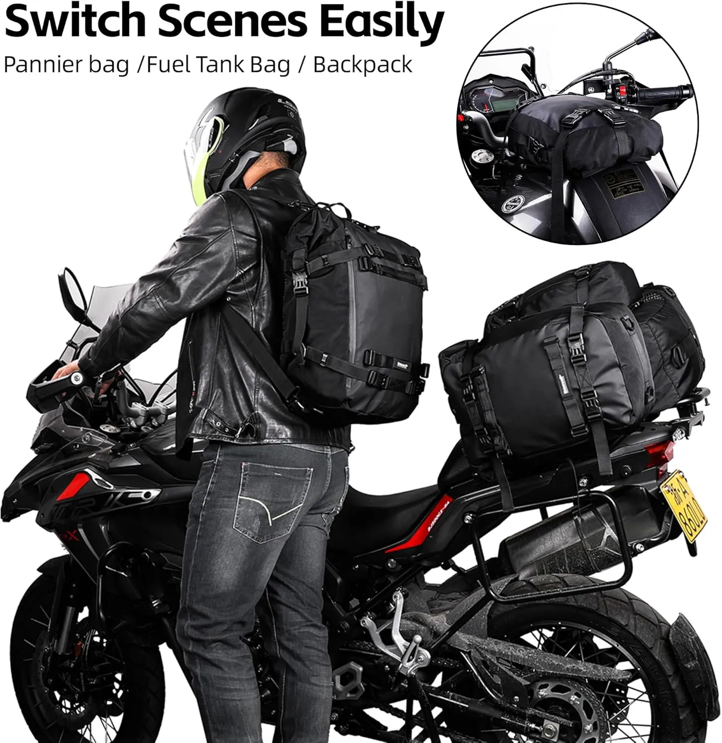 Motorcycle Luggage Bag Rhinowalk Waterproof Tail Bag,Motorcycle Rear Seat Bag,Motorbike backpack,Rhinowalk Side Bag,Black 20L