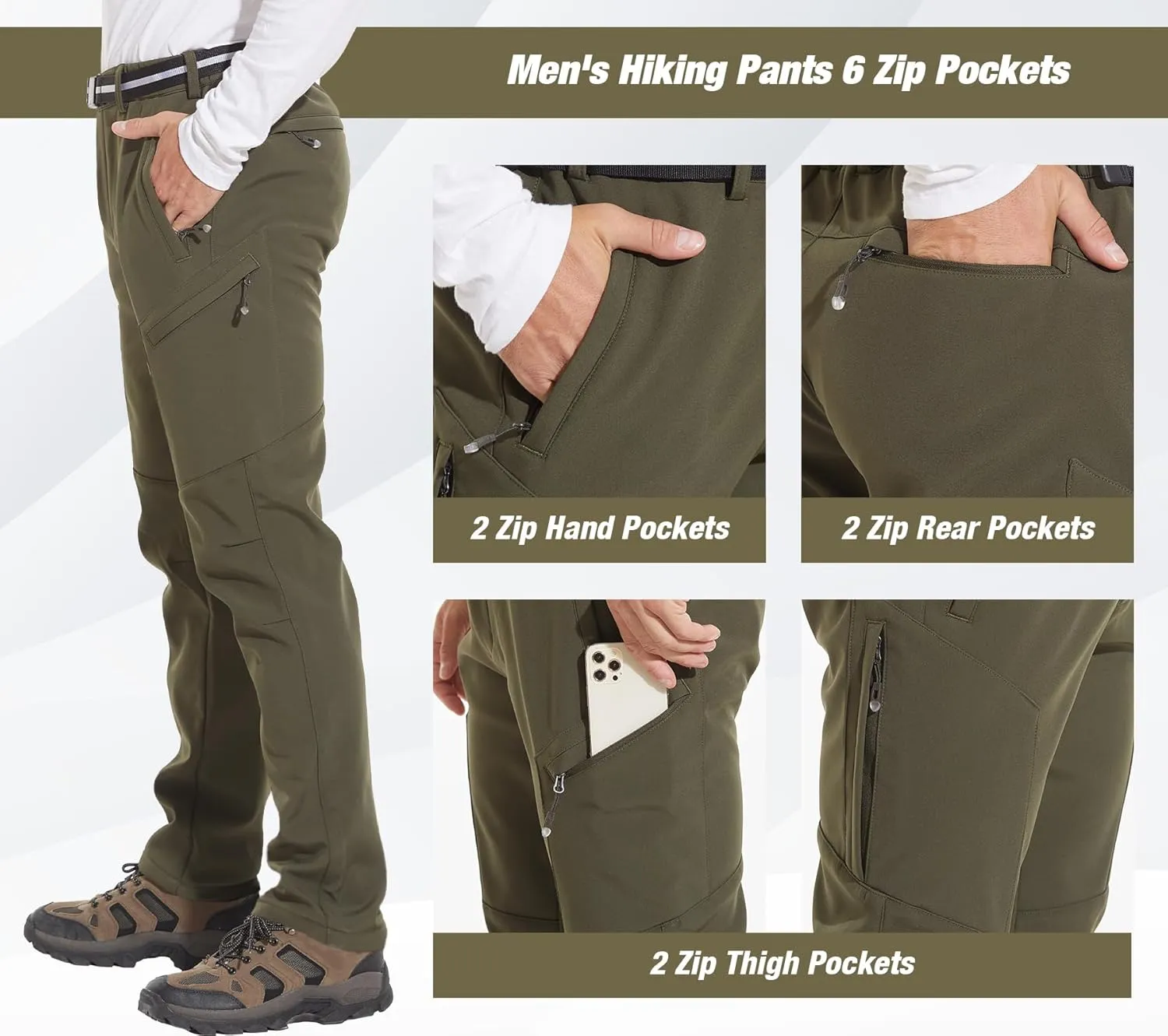MOURCE Men's Fleece Lined Snow Hiking Pants Water Resistant，Insulated Winter Ski Pants 6 Zip Pockets and Belt