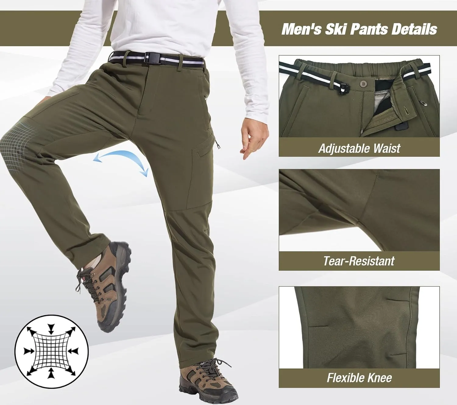 MOURCE Men's Fleece Lined Snow Hiking Pants Water Resistant，Insulated Winter Ski Pants 6 Zip Pockets and Belt