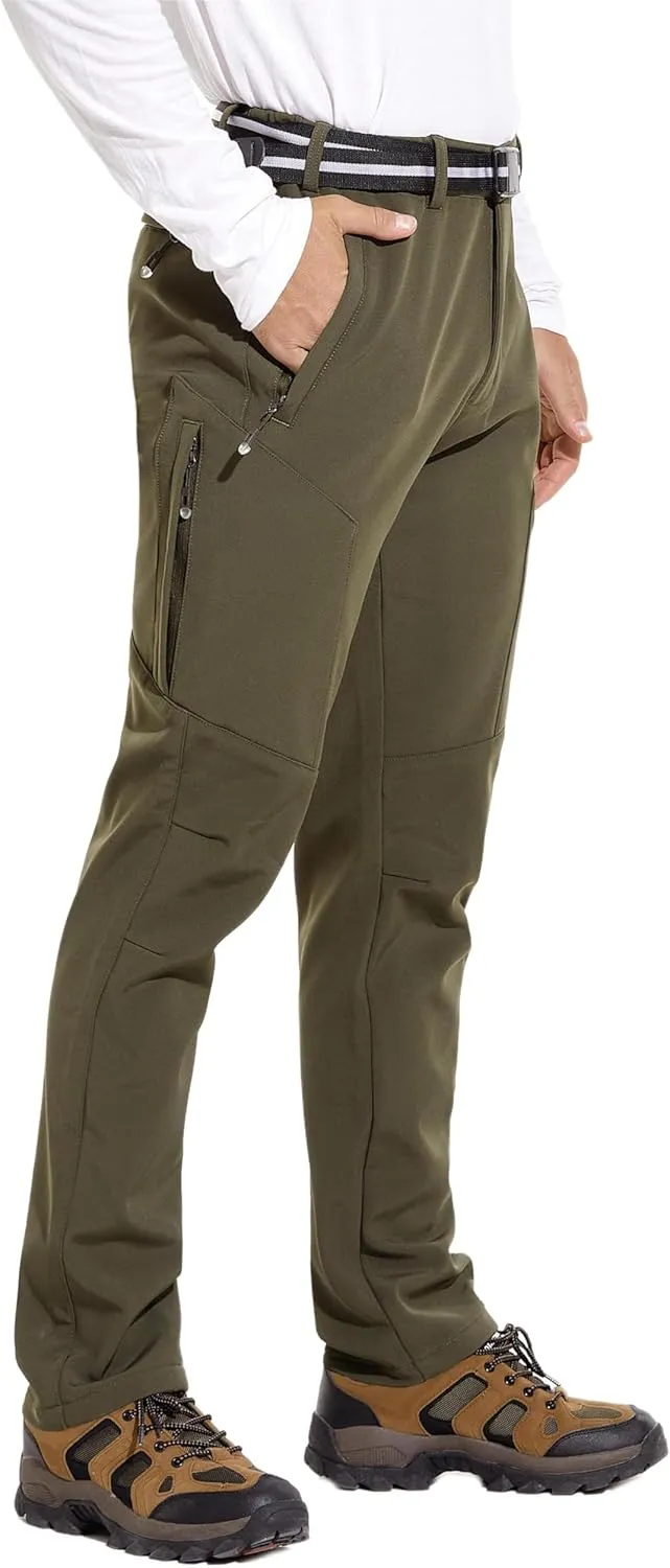 MOURCE Men's Fleece Lined Snow Hiking Pants Water Resistant，Insulated Winter Ski Pants 6 Zip Pockets and Belt