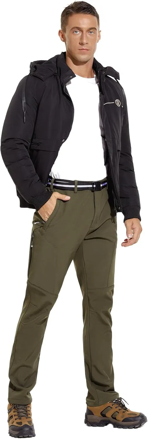 MOURCE Men's Fleece Lined Snow Hiking Pants Water Resistant，Insulated Winter Ski Pants 6 Zip Pockets and Belt