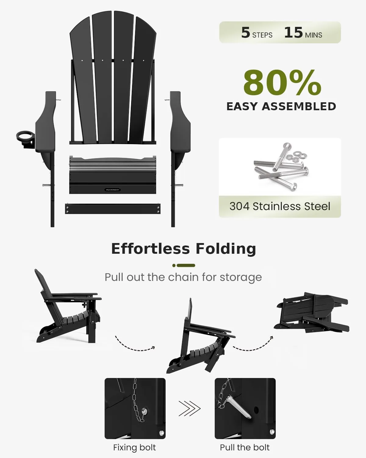 MUCHENGHY Folding Adirondack Chairs Patio Chairs Outdoor Adirondack Chair Weather Resistant Chair for Patio, Outside, Deck, Backyard, Fire Pit Chair, Campfire Chairs (Black)
