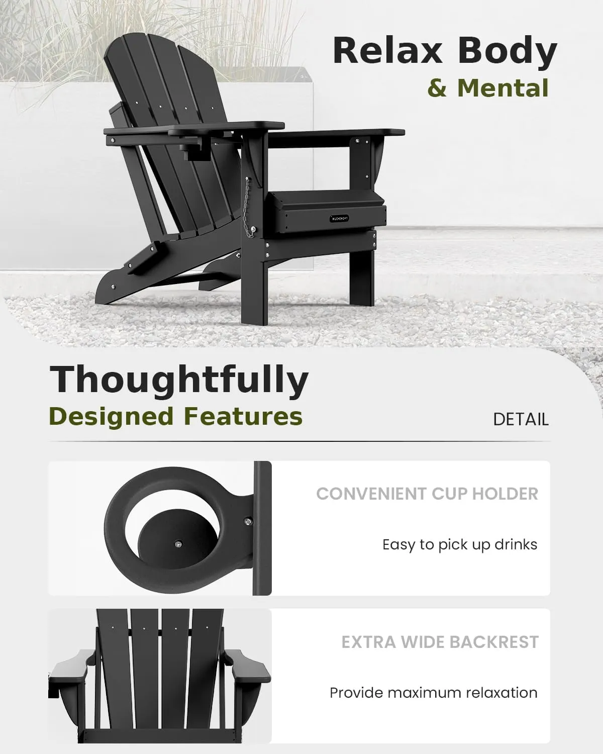 MUCHENGHY Folding Adirondack Chairs Patio Chairs Outdoor Adirondack Chair Weather Resistant Chair for Patio, Outside, Deck, Backyard, Fire Pit Chair, Campfire Chairs (Black)