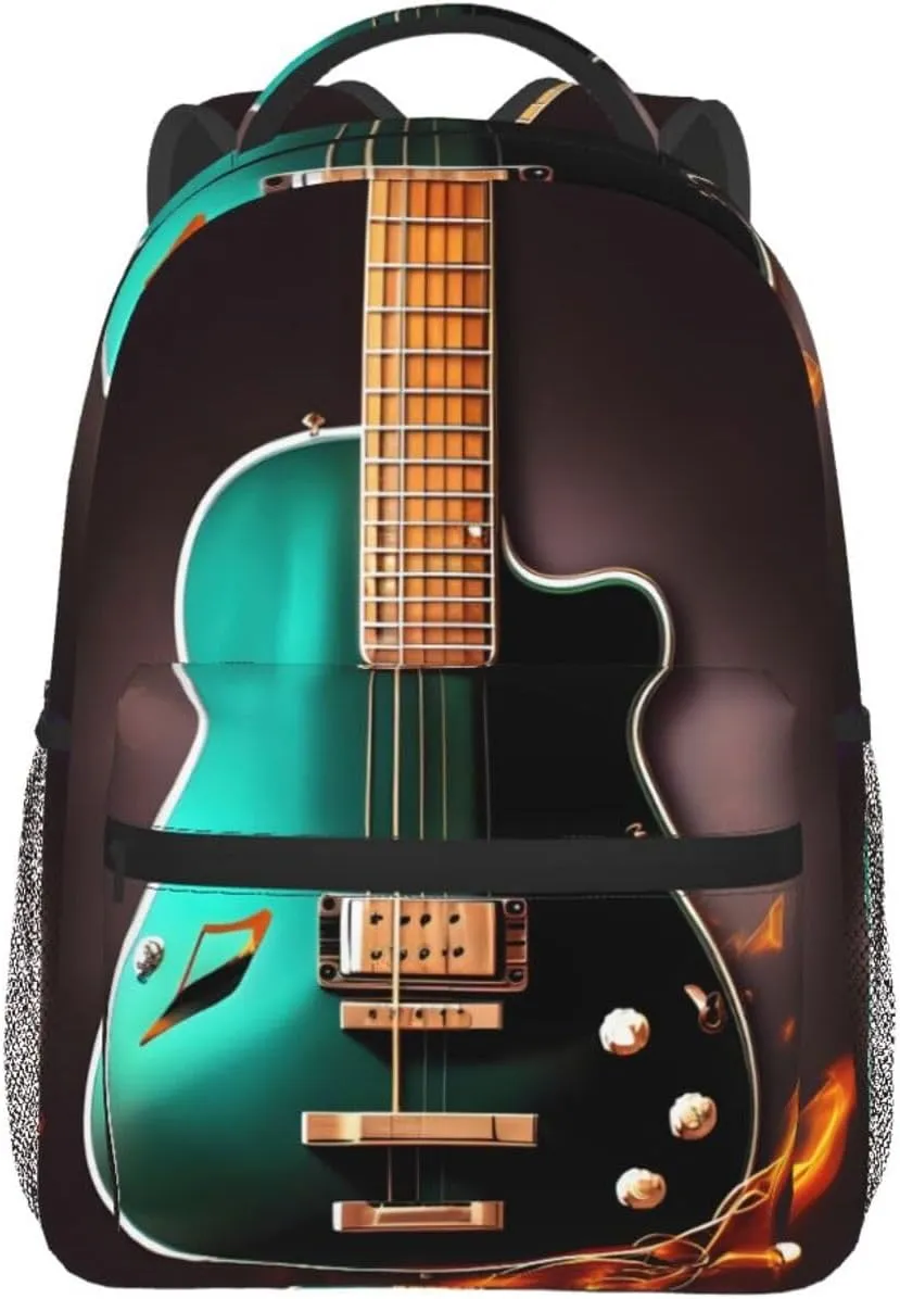 Music Green Guitar Print Laptop Backpack Stylish Bookbag College Daypack Travel Business Work Bag For Men Women