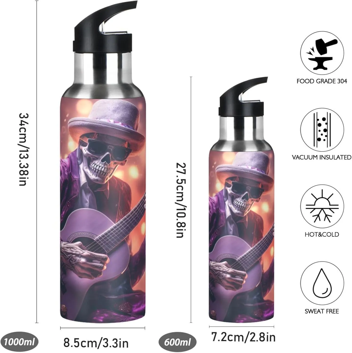 Music Guitar Skull Sport Water Bottle Insulated Stainless Steel Large Vacuum Flask Leak Proof Thermos with Straw for Travel(600ml/1000ml)