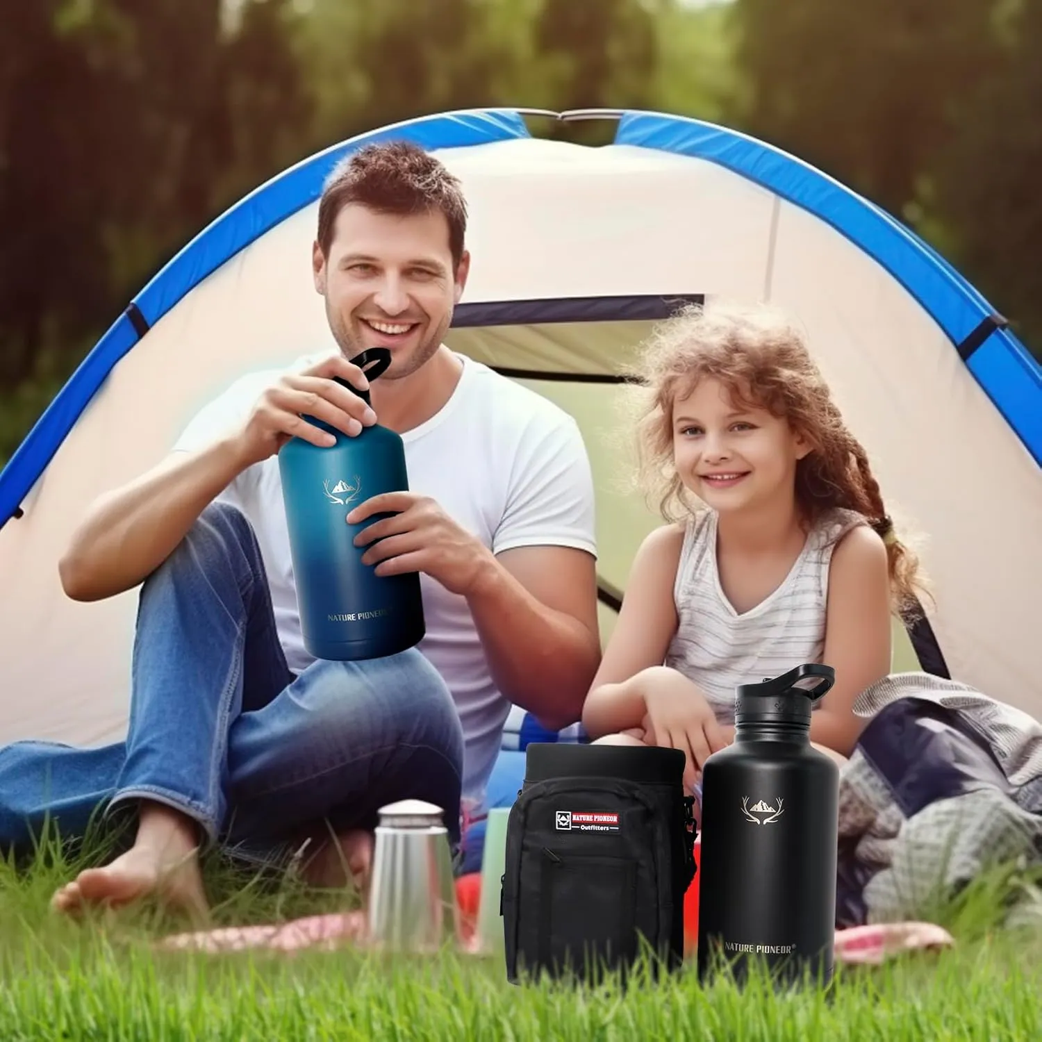NATURE PIONEOR Insulated Water Bottles with Straw - 64oz Stainless Steel Vacuum Bottle with Holder/Carrier/Sleeve - Reusable 18/8 Food Grade Thermos Water Jug