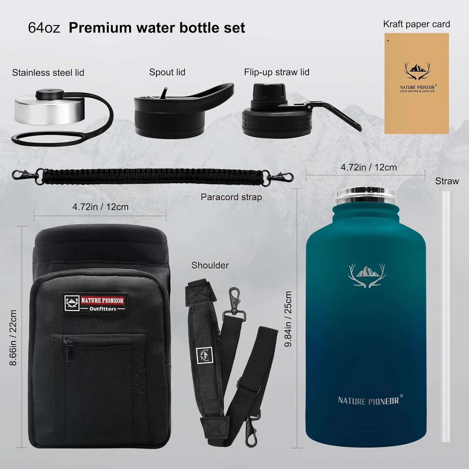 NATURE PIONEOR Insulated Water Bottles with Straw - 64oz Stainless Steel Vacuum Bottle with Holder/Carrier/Sleeve - Reusable 18/8 Food Grade Thermos Water Jug