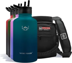 NATURE PIONEOR Insulated Water Bottles with Straw - 64oz Stainless Steel Vacuum Bottle with Holder/Carrier/Sleeve - Reusable 18/8 Food Grade Thermos Water Jug