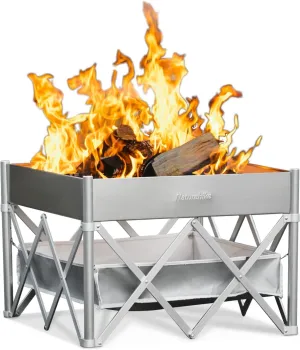 Naturehike Outdoor Fire Pit Wood Burning, 24 inch Foldable Tabletop Fireplace with Portable Storage Bag for Patio Outside Camping BBQ Heating, Durable Stainless & Aluminium Alloy, Square Silver