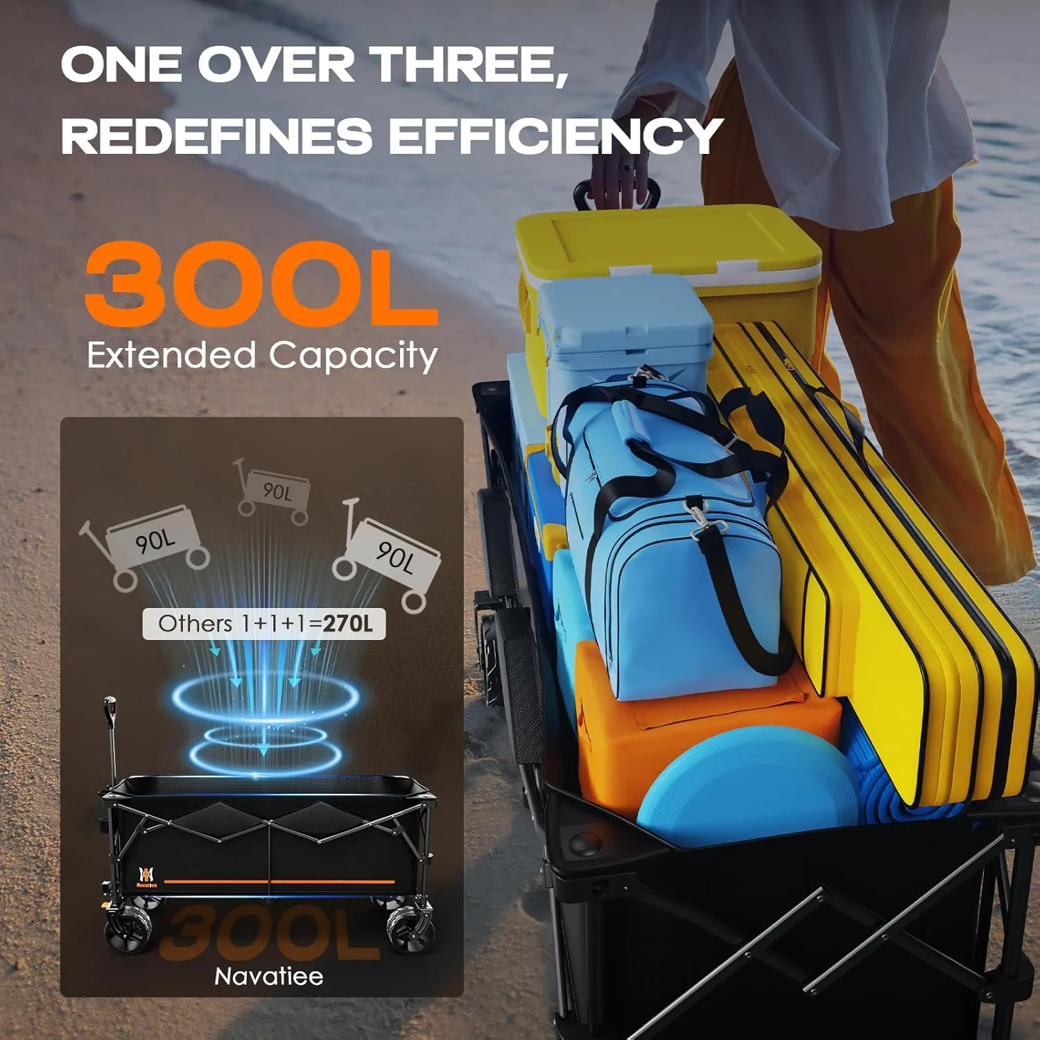 Navatiee 300L Collapsible Wagon Cart Foldable Extra Large, 48''L Folding Extended Beach Wagon with 440LBS Weight Capacity and Big All-Terrain Wheels, Heavy Duty Utility Garden Cart for Sports Outdoor
