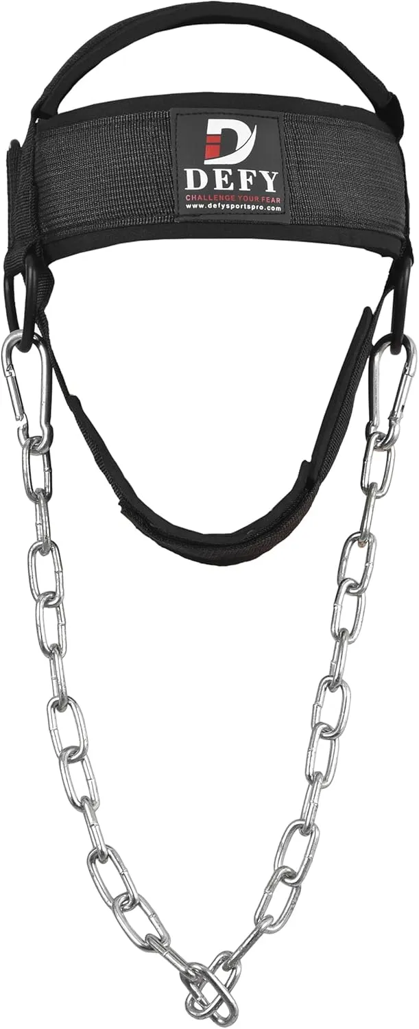 Neck Harness for Weight Lifting Adjustable Neck Strengthener with Heavy Duty Steel 30" Inches Chain with Padded Support and Head & Chin Straps for Gym Boxing MMA and Injury Recovery