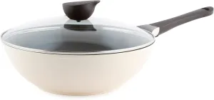 Neoflam Eela 12'' Non Stick Chef's Wok with Glass Lid, Stir Fry Pan and POFA-Free Ceramic Coating for Cooking Saute Vegetables, Meat, Fish, 12 inch, Ivory (Handle assemble required)