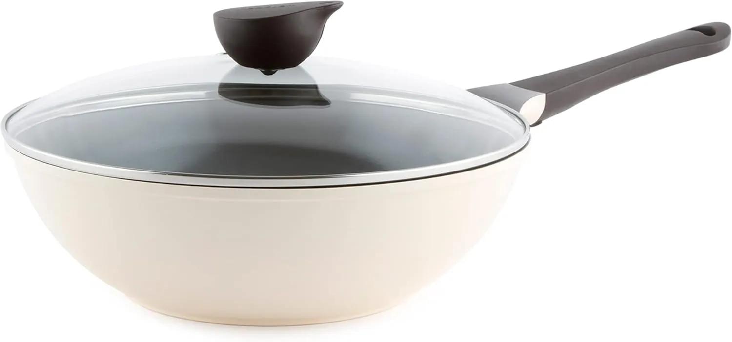 Neoflam Eela 12'' Non Stick Chef's Wok with Glass Lid, Stir Fry Pan and POFA-Free Ceramic Coating for Cooking Saute Vegetables, Meat, Fish, 12 inch, Ivory (Handle assemble required)