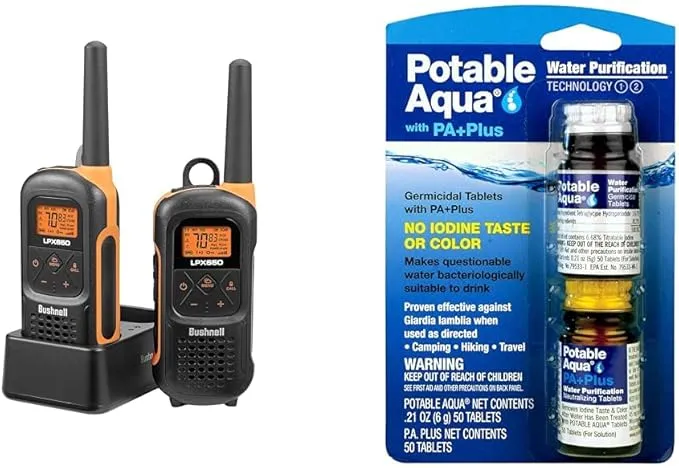 New Bushnell LPX650 Walkie Talkies - Waterproof Long Range Two Way Radios & Potable Aqua Water Purification Tablets with PA Plus, Portable and Effective Solution